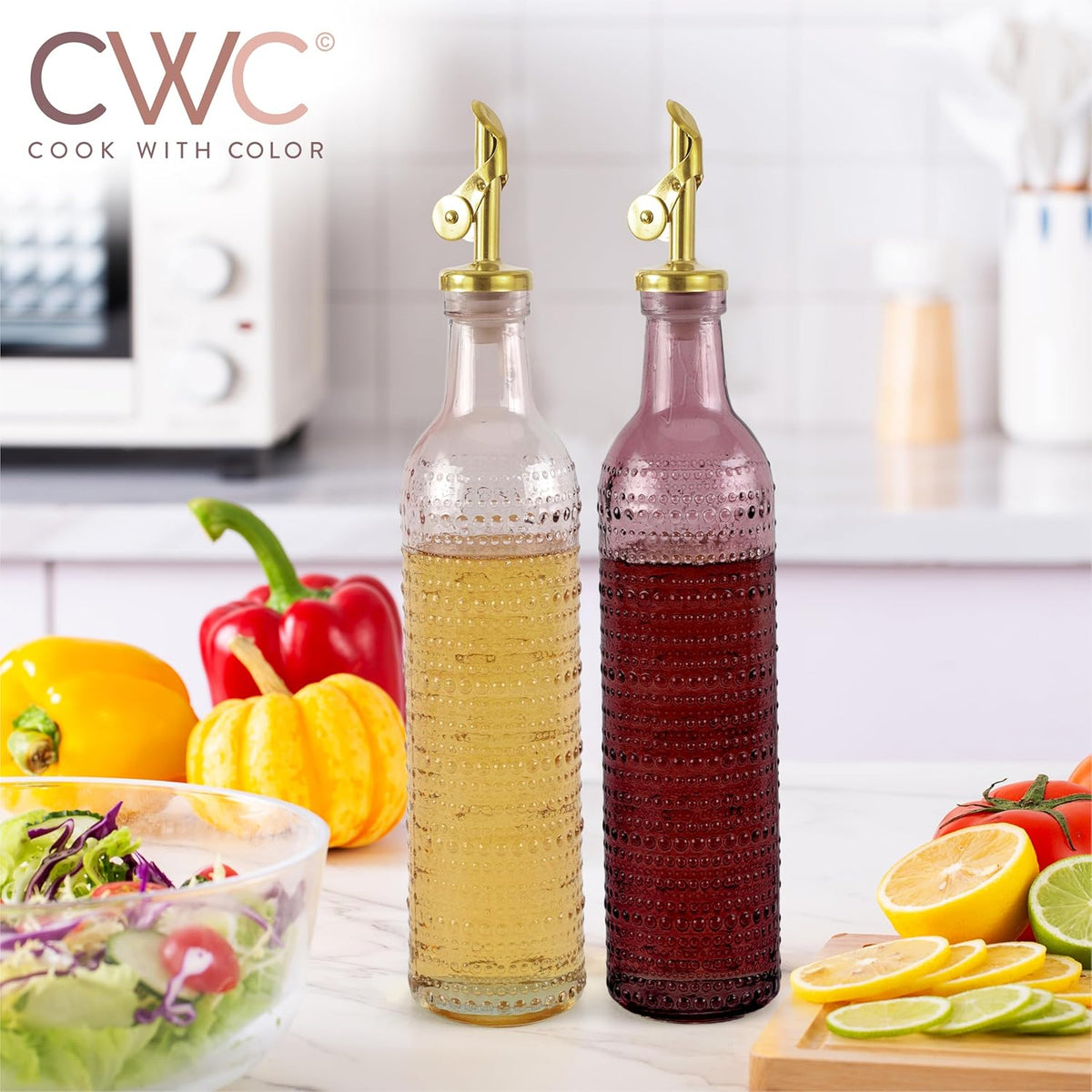 COOK WITH COLOR Glass Olive Oil Bottle Dispenser - 2 Pack- 17oz Oil and Vinegar Cruet - Olive Oil Carafe Decanter for Kitchen