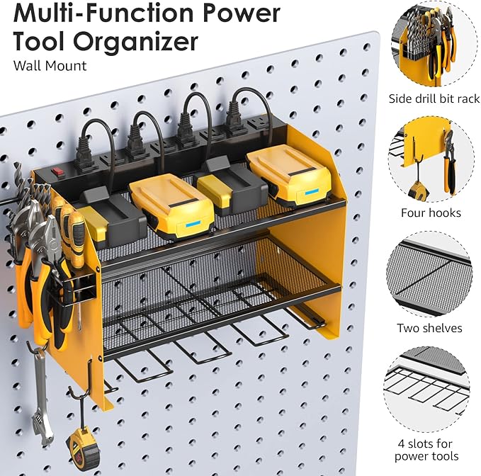 CCCEI Modular Power Tool Organizer Wall Mount with Charging Station. Garage Drill Storage Shelf with Hooks, Heavy Duty Rack, Tool Battery Holder Built in 8 Outlet. Gift for Men. Yellow, 1 Pack.
