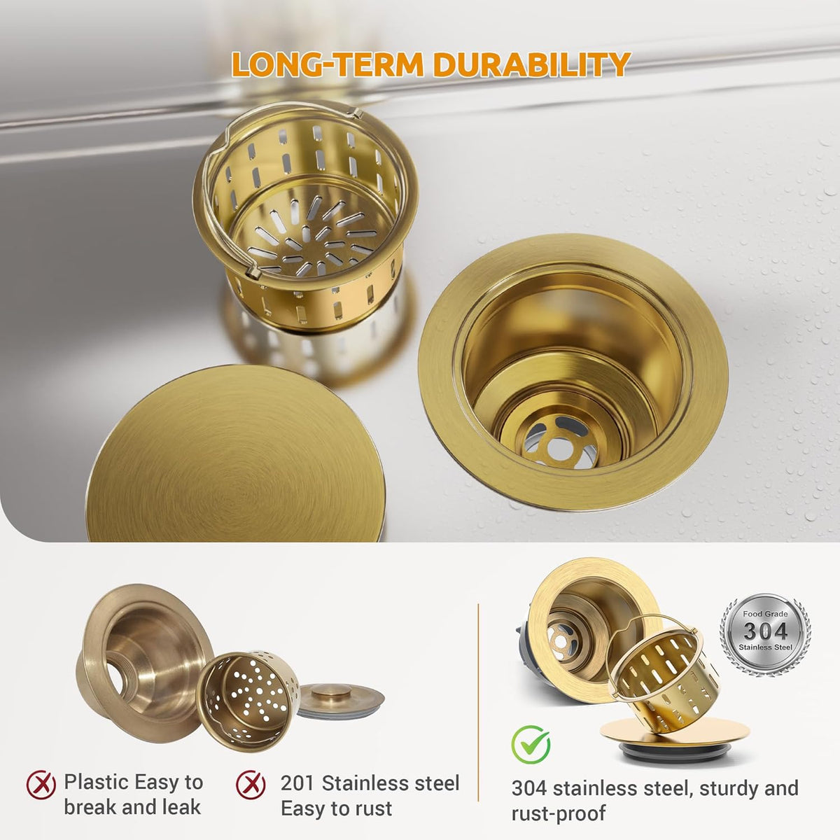 BOTEMY Stainless Steel Gold Sink Drain Strainer 3-1/2'' Kitchen Sink Drain Assembly Kit with Removable Deep Sink Strainer Basket and Sink Stopper Flat Cover Replacement for Home Standard Kitchen Sinks