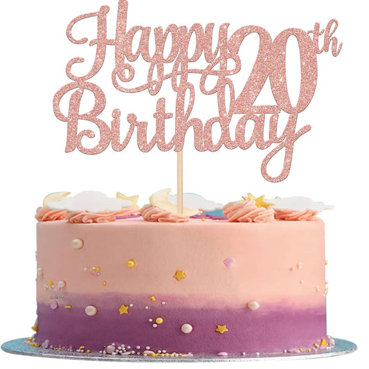 1 PCS Happy 20th Birthday Cake Topper Glitter Cheers to 20 Years Birthday Cake Pick Twenty 20 Fabulous Cake Decoration for Happy 20th Birthday Theme Party Decorations Supplies Rose Gold