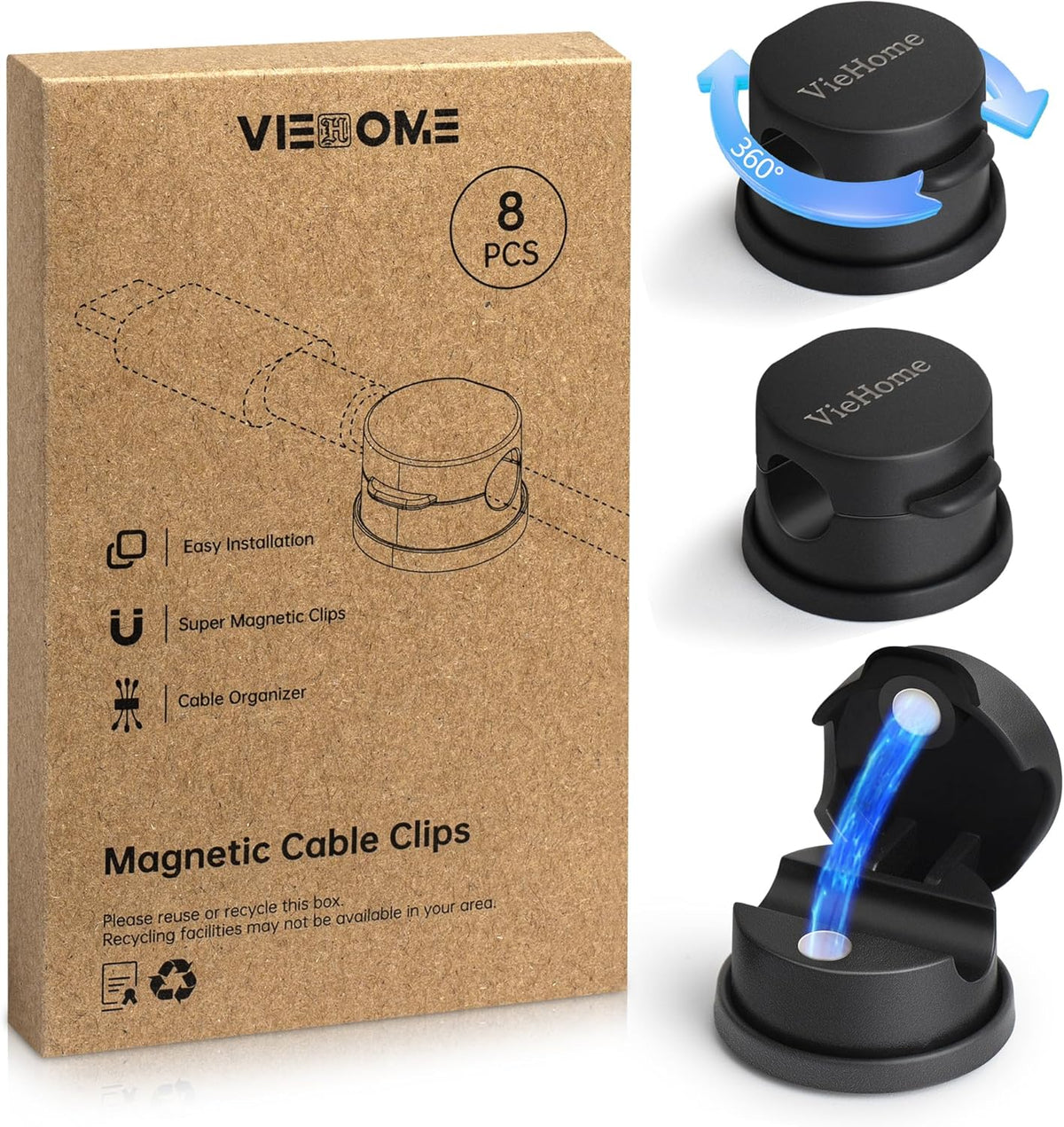 8 Pack Magnetic Cable Management Clips - Ideal Cord Holder for Nightstand, Desk, Charger Holder - Phone Cord Holder w/360 Rotation
