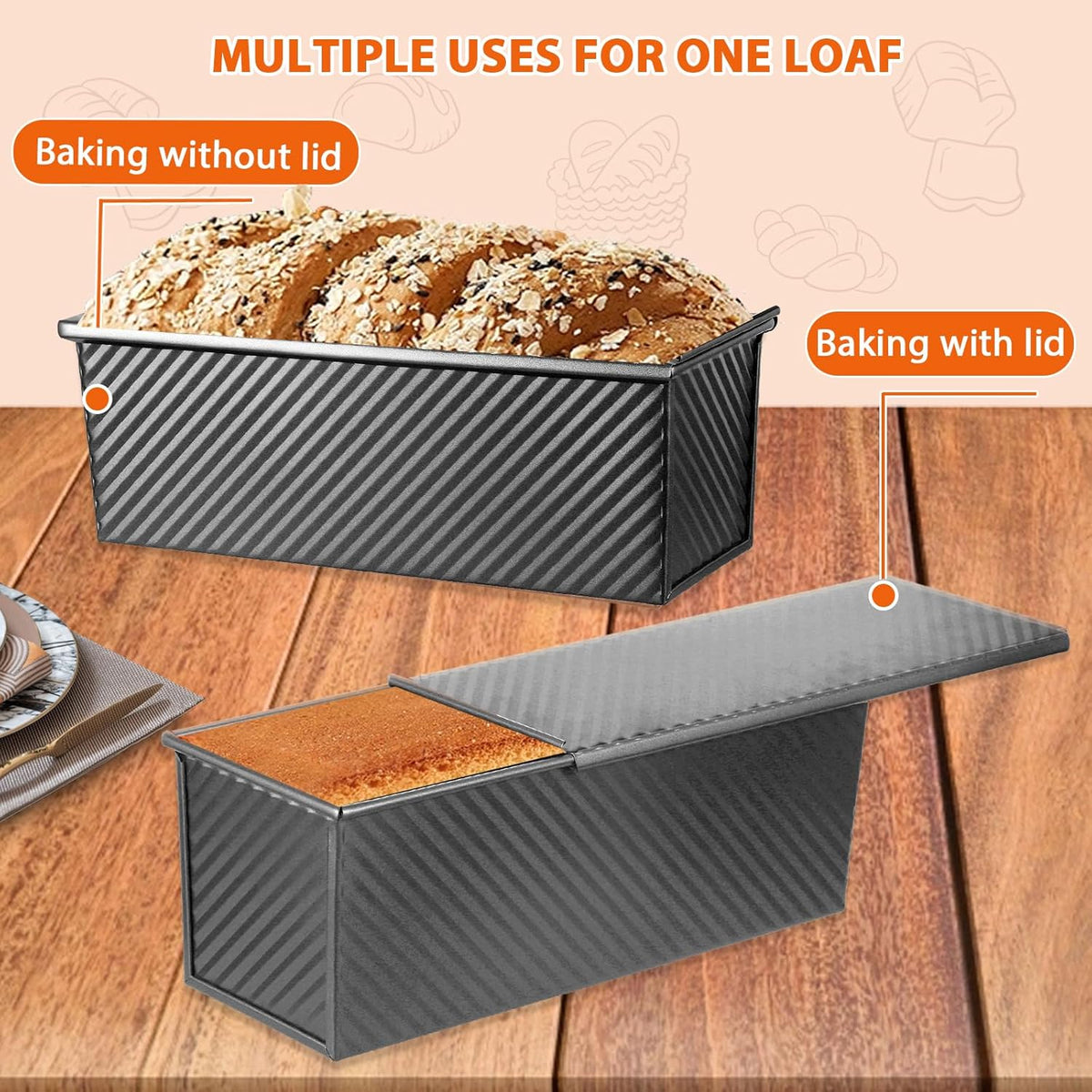 Non-Stick Pullman Loaf Pan with Lid 13x4 Inch - 2.2lb Carbon Steel Bread Baking Pan with 4 Vent Holes, Heavy Duty Sourdough Loaf Pan with Cover for Homemade Sandwich Bread (Black)