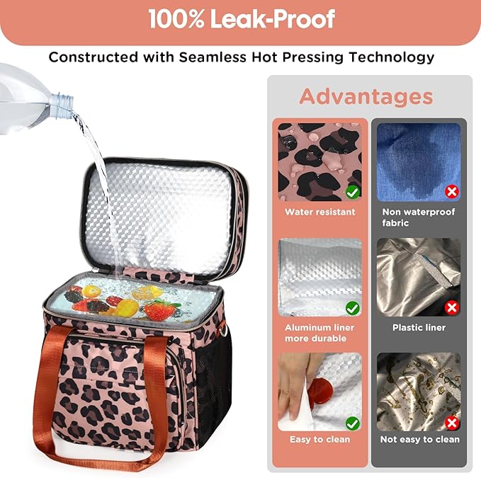 GLENKEY Expandable Insulated Lunch Box, Double Deck Lightweight Large Lunch Bag Tote Leakproof Cooler Bags for Women Adults Work Outdoor Picnic Daytrip, Leopard, 16L
