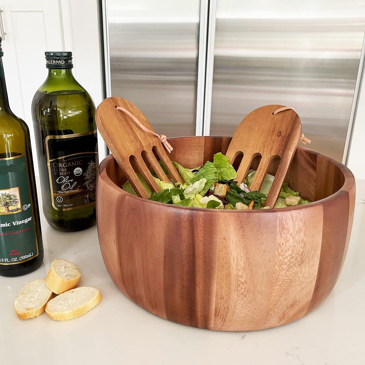 Woodard & Charles Acaica Wood 12" x 5" Serving Bowl Set with Serving Hands, 3 Piece Set