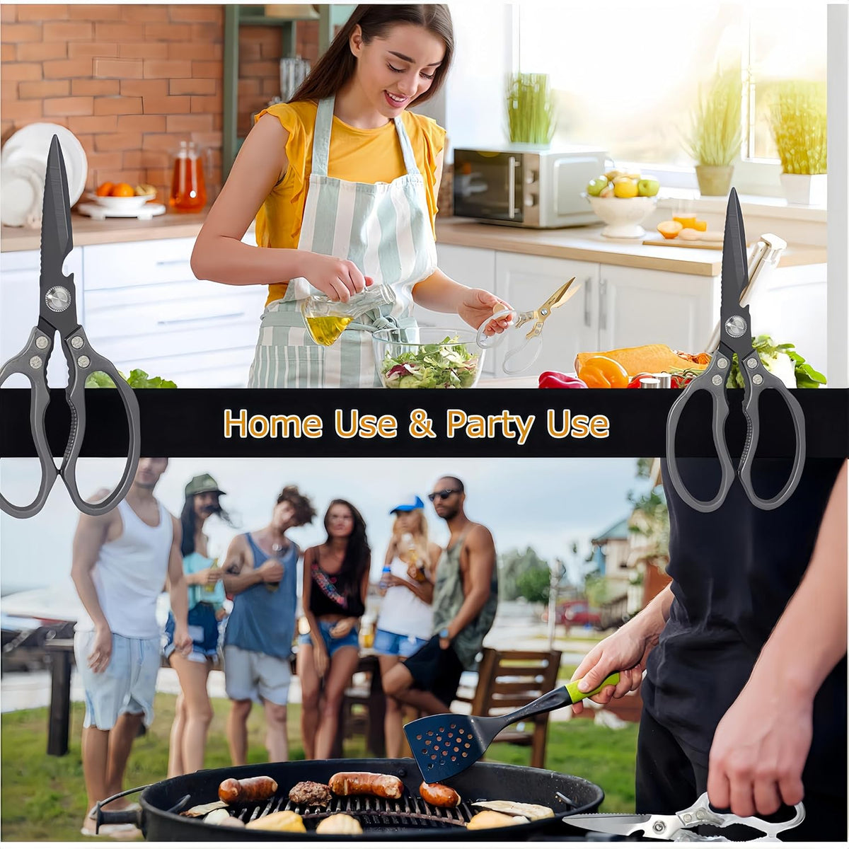 Kitchen Scissors, Heavy Duty Sharp Kitchen Shears Dishwasher Safe, Kitchen Accessories Cooking Shears for Kitchen Meat Chicken Fish Poultry Herb Bread (All Black), skr-05