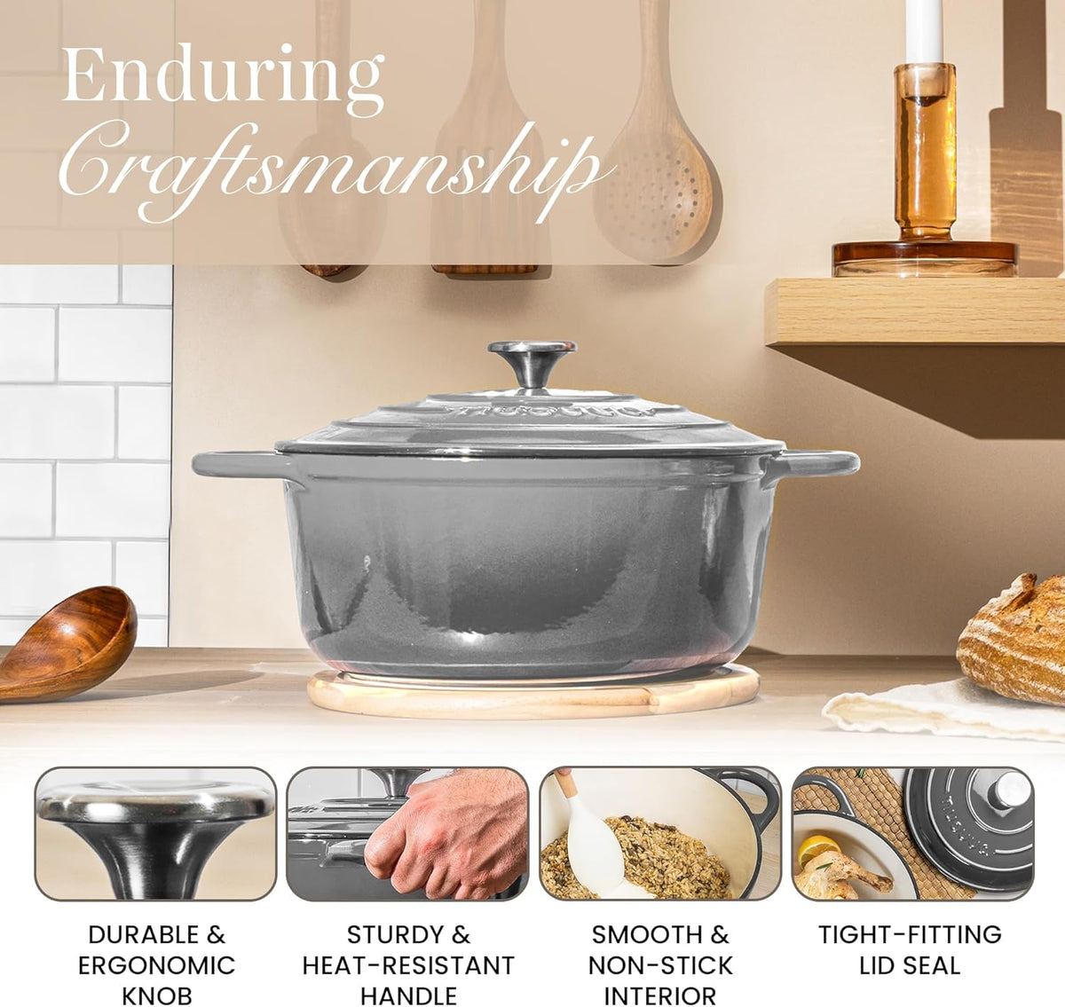 Nuovva Enamelled Cast Iron Dutch Oven Pot with Lid – 6.4 Quart Non Stick Casserole Pot – Heavy Duty & Oven Safe up to 500° F for Bread Baking, Braising, Stews, Roasting – 28cm Grey
