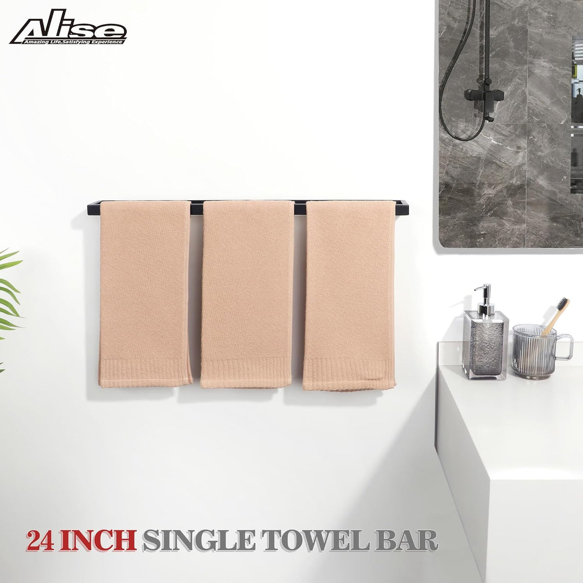 Alise Bath Towel Bars,24 Inch Towel Holder Towel Racks for Bathroom and Lavatory,SUS304 Stainless Steel Hand Towel Hanger Rail Wall Mount,Matte Black GJF060-B