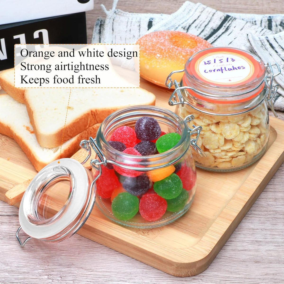 5oz 6pack Glass Jars with Airtight Lid, Glass Food Storage Containers with Lids, Mason Jars, Wire Clip Fastening for Cereal, Flour, Cookie, Spice, Honey, Kitchen Canning