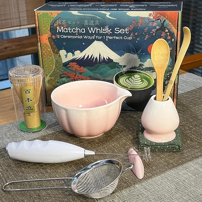 Matcha Whisk Set Incl. Ceramic Bowl With Spout, Whisk (Chasen), Stand, Bamboo Scoop, Sifter, Electric Frother, Tea Towel etc. 9 Pcs Matcha Making Starter Kit, White&Pink