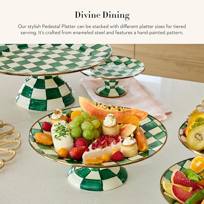 MACKENZIE-CHILDS Enamel Pedestal Platter, Round Cake Stand, Small, Green-and-White Emerald Check