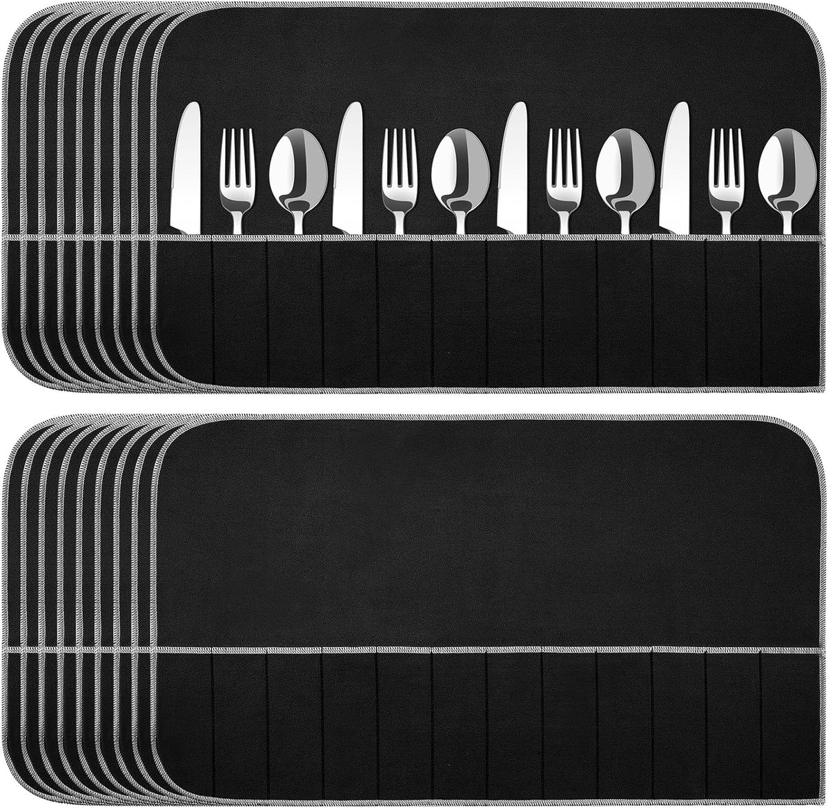 Hillban 18 Pcs Anti Tarnish Silver Storage Bags Silver Storage Cloth Felt Flatware Organizer Anti Tarnish Protector Bags Place Setting Roll with White Ribbon for Kitchen Cutlery Utensils (Black)
