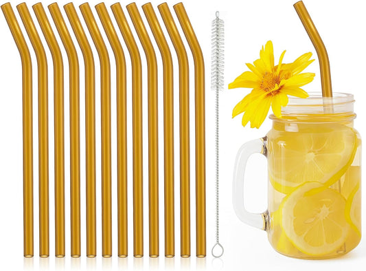 12 Pcs Reusable Glass Straws 8"x 8 mm Bent Glass Drinking Straws with Cleaning Brush for Tea, Smoothies, Milkshakes, Juices,Beverages(amber)