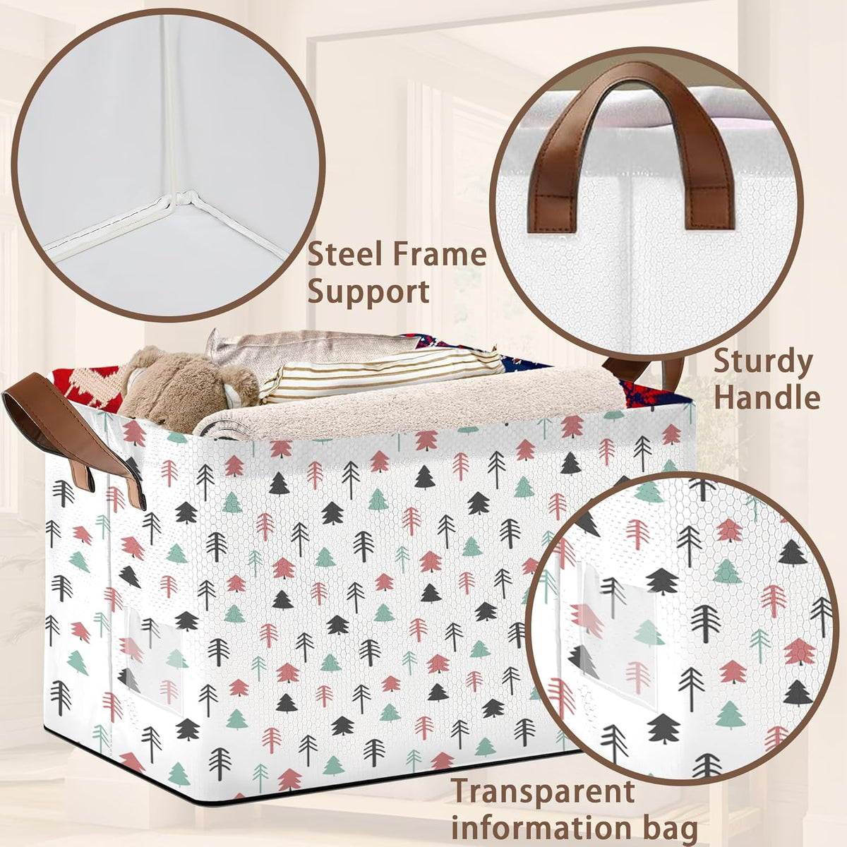 Foldable Collapsible Storage Bin with Pine Tree Design-17x11.5x10.5 Inch Organizer Basket for Home, Closet, Nursery-Single Pack, No Lid Space-Saving Storage Box