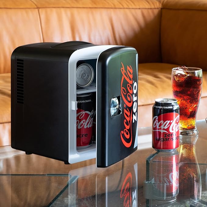 Coca-Cola Zero CZ04 4 Liter/4.2 Quarts 6 Can Portable Cooler/Mini Fridge, Beverages, Baby Food, Skincare and Medications-Use at Home, Office, Dorm, Car, RV or Boat-AC & DC Plugs Included, Black/Red