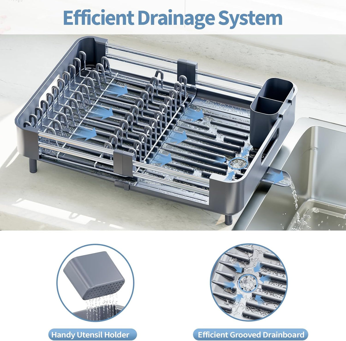 Stainless Steel Dish Drying Rack - Dish Drainer for Kitchen Counter, Extendable Drainboard with Foldable, Space-Saving Cup & Bowl Organizer, Includes Knife and Utensil Holder, Gray
