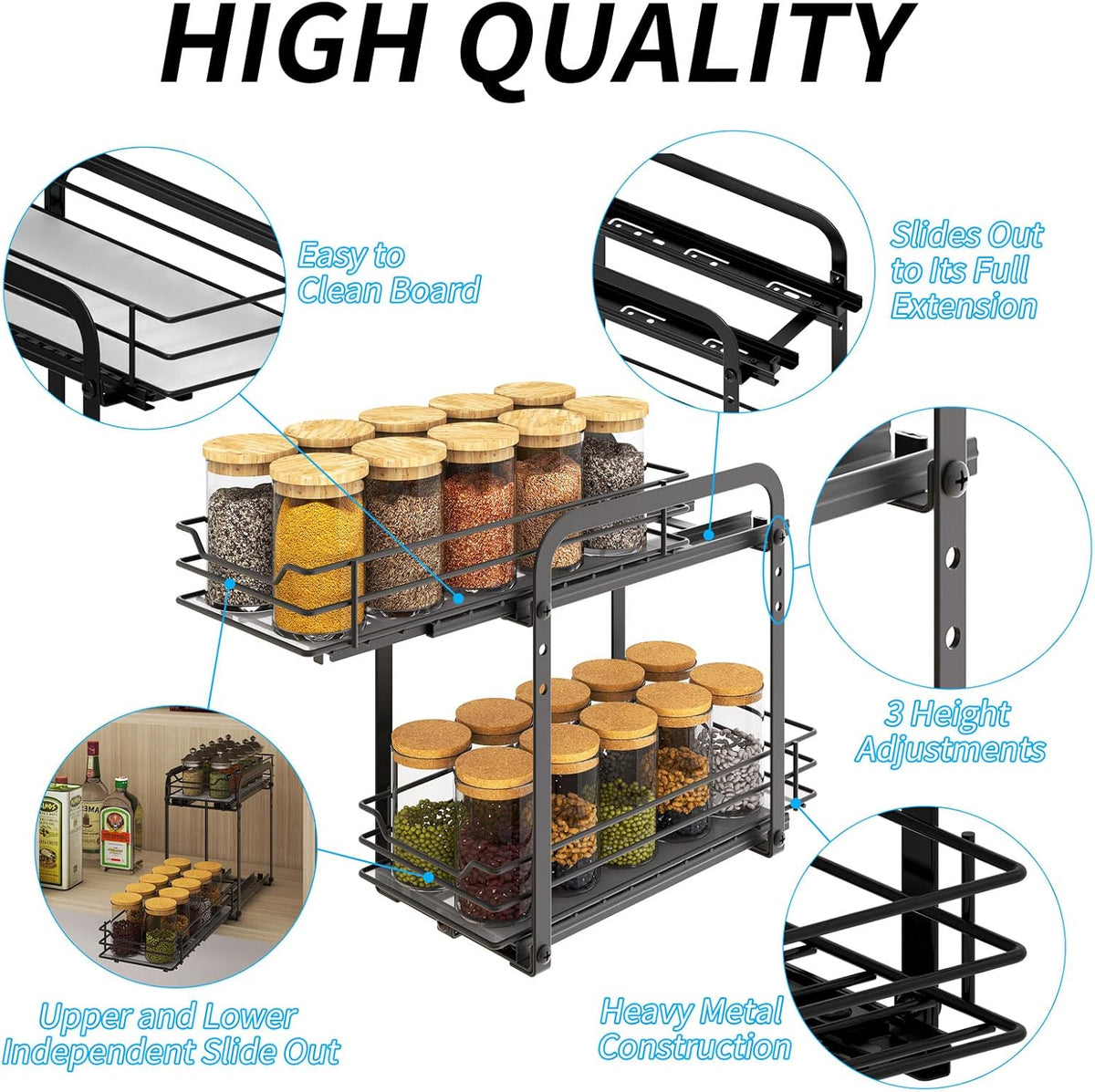 Spice Rack Organizer for Cabinet, 2 Tier Pull Out Spice Organizer for Cabinet Height Adjustable Heavy Duty Metal Basket for Inside Cabinets & Pantry Closet