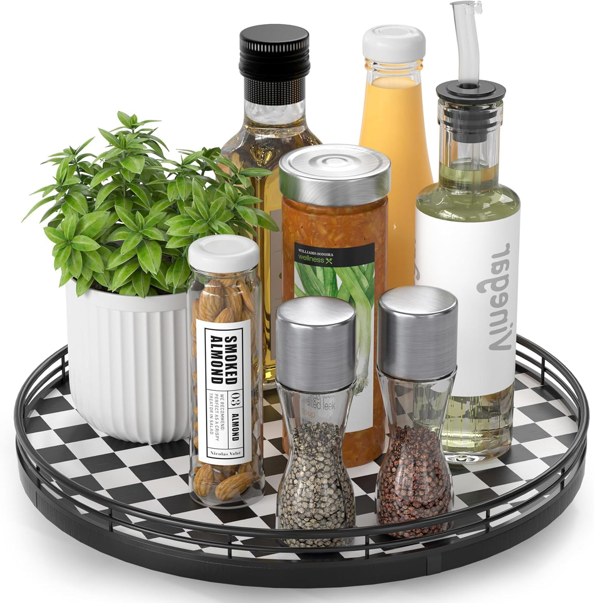 Black and White Kitchen Lazy Susan Turntable – Round Checkered Decorative Tray, 12” Table Top Oak Wood Lazy Susan for Cookies, Dining Table Organizer, Small Kitchen Table Centerpiece