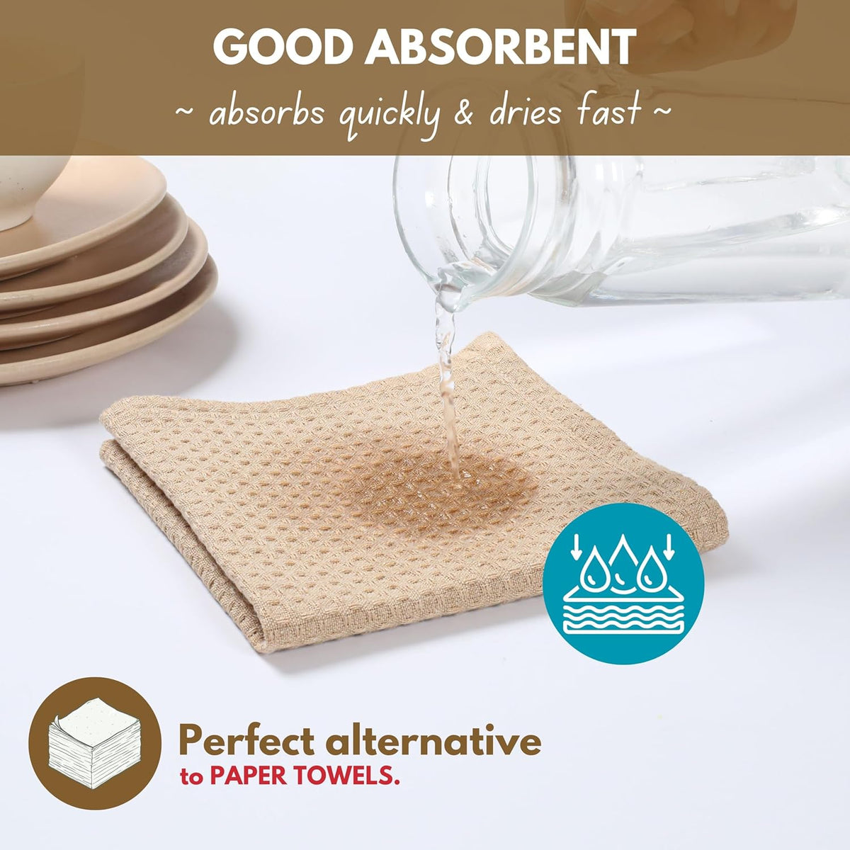 Native Fab Cotton Kitchen Towel with Hanging Loop 16x26 inches, 6-Pack, Waffle Weave Kitchen Towels for Cleaning Drying, Washcloths Soft & Absorbent Cloth Rags, Bar Towel, Dish Cloth, Beige