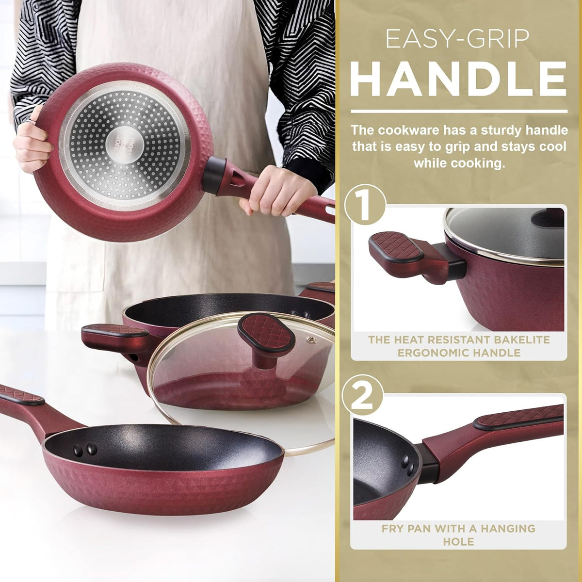 Moss & Stone 4 Piece Nonstick Cookware Set, Small Pots And Pans Set Non stick With Glass Lid, Induction Cookware, Stay Cool Handle, PTFE/PFOA, Kitchen Cookware 4-Piece with Frying Pans Set & Saucepan