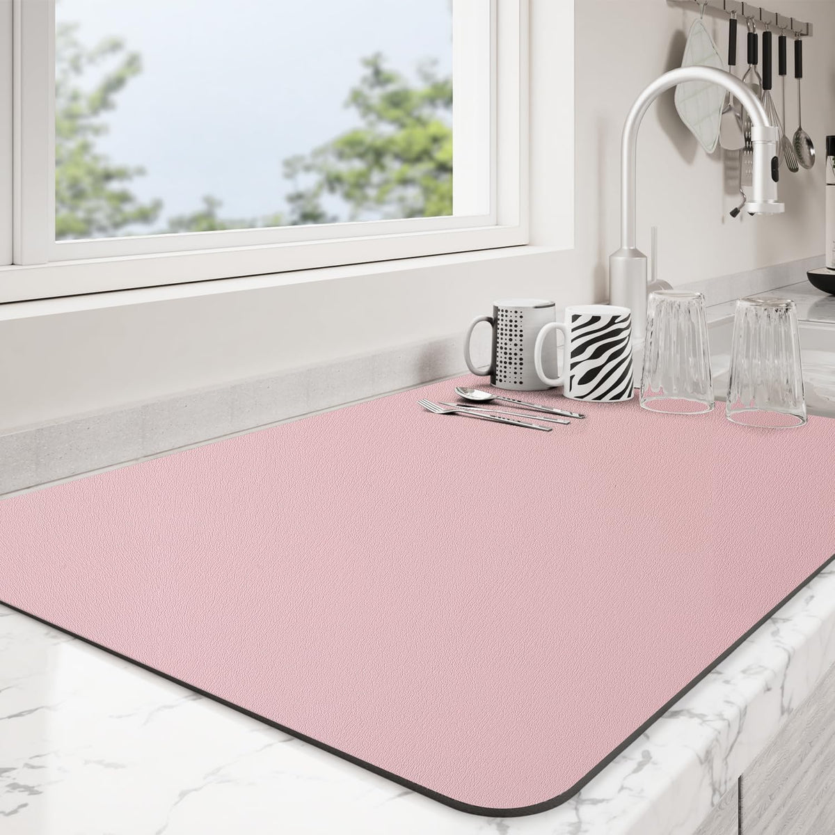 Dish Drying Mat for Kitchen Counter | Coffee Bar Mat for Countertops | Heat Resistant Drainer Mat with Non-slip Rubber Backed | Hide Stain Kitchen Absorbent Draining Mat | Pink 16"x24"
