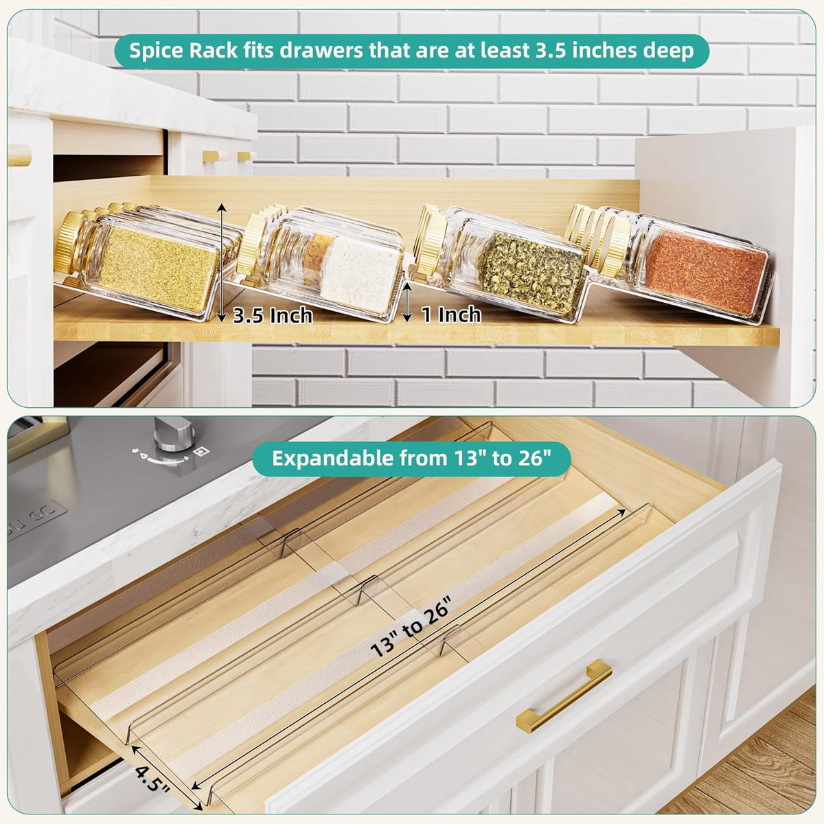 MIUKAA Acrylic Spice Drawer Organizer, 4 Tier - 8 Pack Seasoning Organizer for Drawer, Expandable From 13" to 26" Kitchen Drawer Spice Rack with Slip-Proof Mat (Jars not Included)