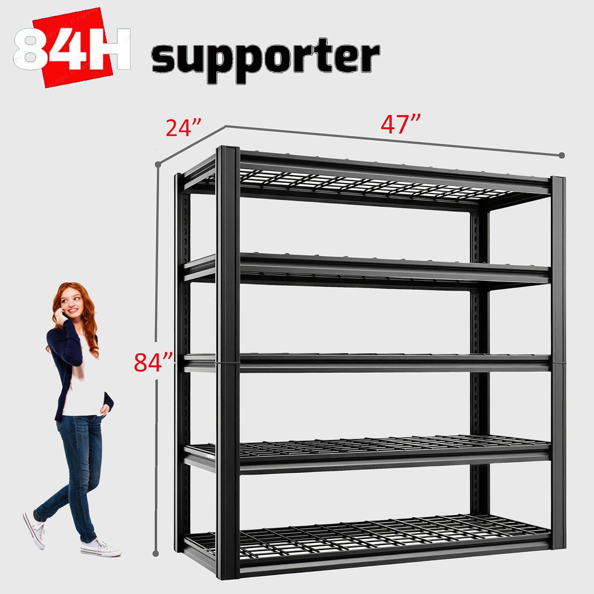5 Tier Metal Shelving Unit, Adjustable Storage Shelves, 84" H x 47" W x 24" D Heavy Duty Garage Shelves for Warehouse, Basement, Kitchen, Pantry, Living Room, Black