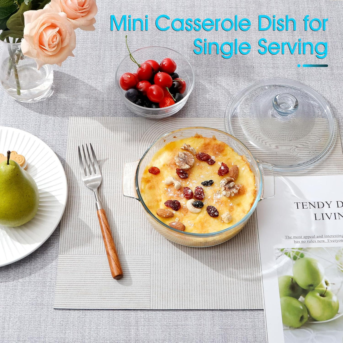 NUTRIUPS Mini Glass Casserole Dish with Lid Oven Safe Covered Round Casserole Dish 6" Glass Microwave Bowls With Lid Microwavable Cookware (26oz-Mini)