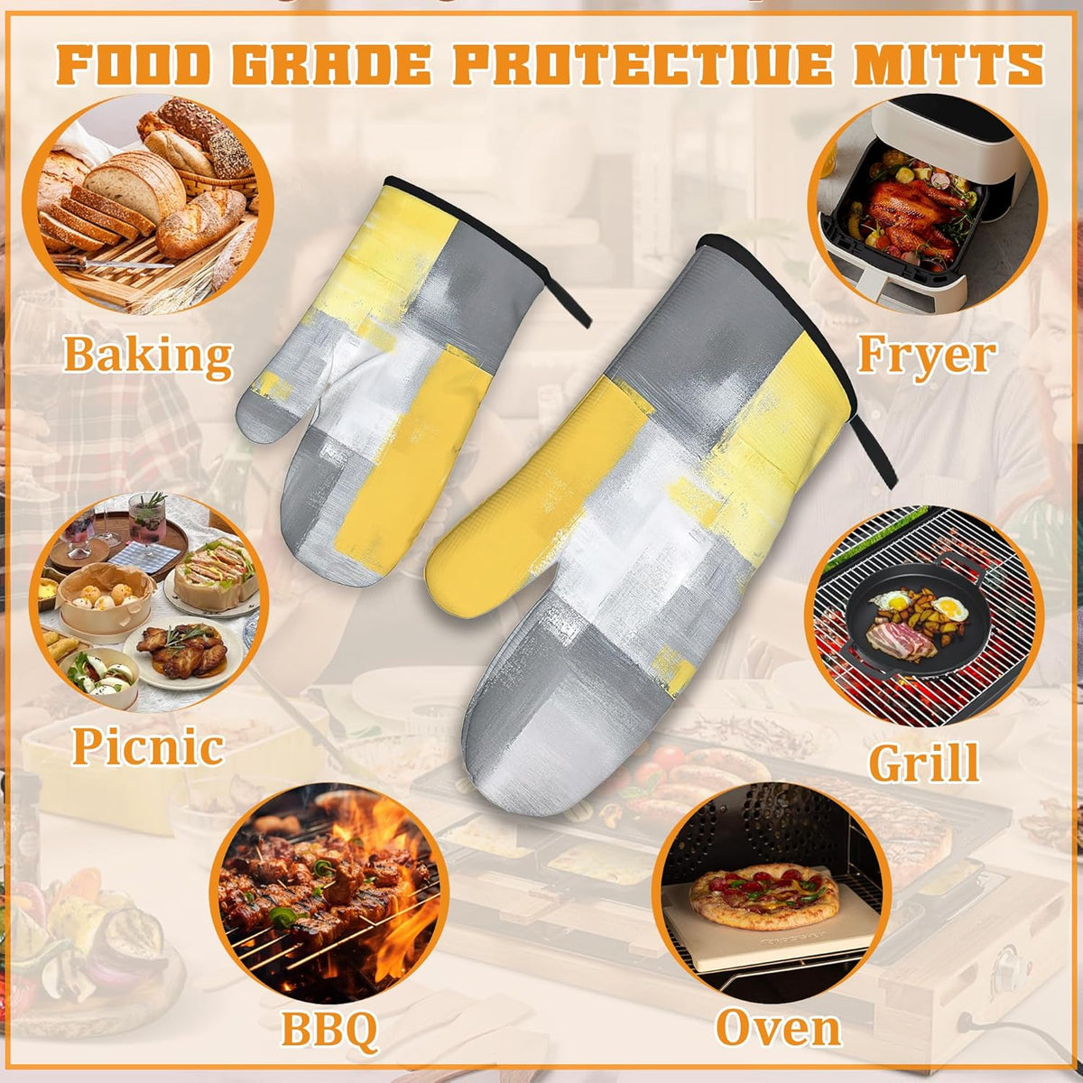 Yellow Gray Modern Art Oven Mitts and Pot Holders,Heat Resistant Oven Mitts Gloves and Pot Holder for Home Kitchen Decorations Cooking Baking BBQ Gifts,Set of 4