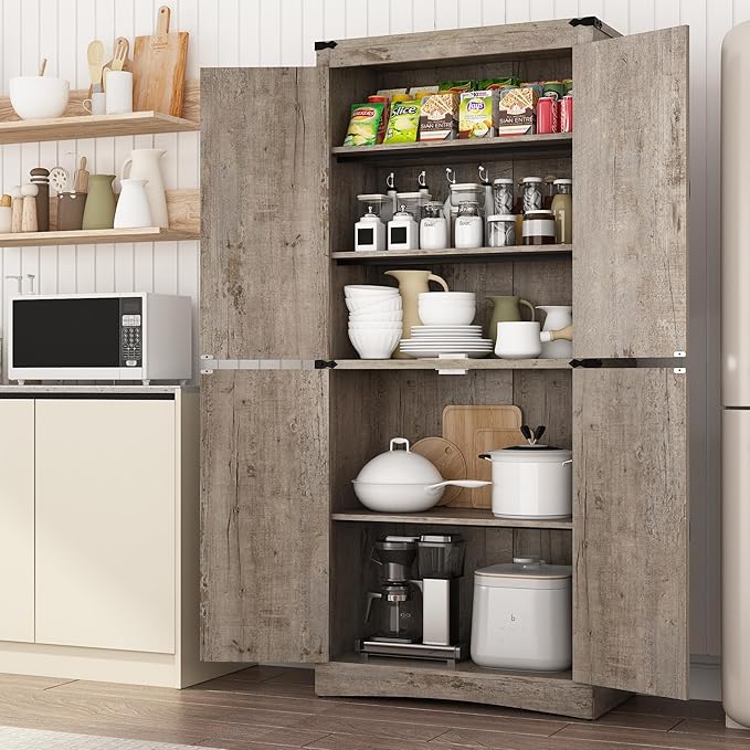 71in Farmhouse Kitchen Pantry Cabinet,Tall Storage Cabinet with 4 Doors and Adjustable shelves,with Load-Bearing Steel Pipe,Wood Storage Cabinets for Kitchen,Dining Room,Bathroom(Light Rustic Oak)