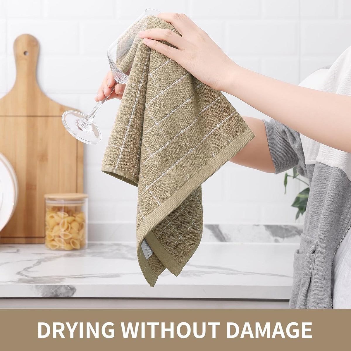 Homaxy 100% Cotton Terry Kitchen Towels(Tan, 13 x 28 inches), Checkered Designed, Soft and Super Absorbent Dish Towels, 4 Pack
