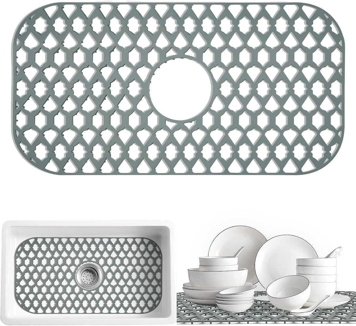 Silicone Sink Protectors - 13x11 & 16x12 & 19x14 & 22x13 & 24x13 & 26x14 & 28x14 & 30x16, Large Grid Mats for Farmhouse Sink (24'x13', Center Drain)