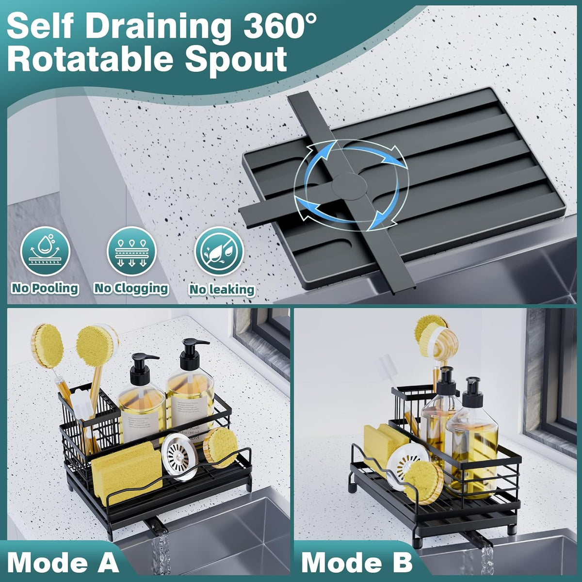 Large Sponge Holder for Kitchen, Kitchen Sink Caddy with High Brush Holder & Quick Drain Tray, 360° Swivel Spout, Stainless SteelSoap Dispenser Countertop Organizer for Sponges, Brushes & Soap