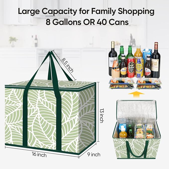BALEINE 2Pk Insulated Reusable Grocery Bags, Collapsible Cooler Bag for Groceries, Heavy Duty Large Insulated Bag (16''x9''x13'', Antique Foliage)