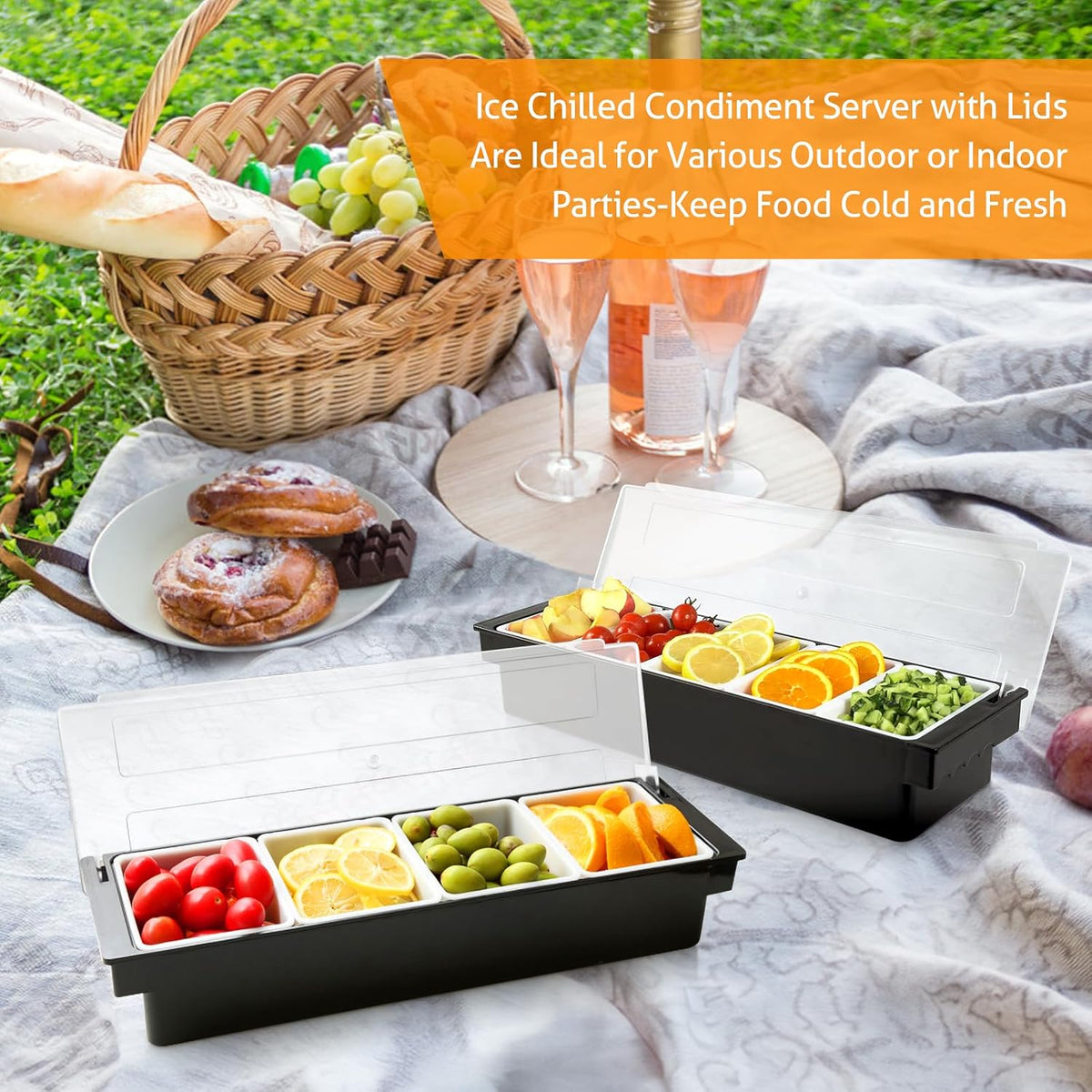 WICHEMI Fruit, Veggie & Condiment Caddy with Lid Dispenser Tray Garnish Station for Bartending & Serving Taco, Ice Cream, Salad Bar - Topping Organizer for Restaurant Supplies (4 Compartment, 2 Pack)