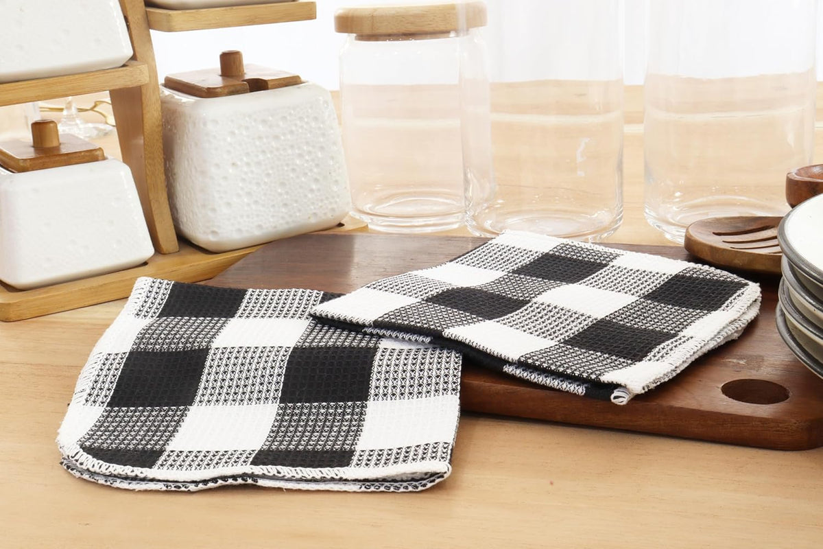 PurpleEssences Waffle Weave Plaid Dish Cloths, 100% Cotton - 12 x 12 Inches, Ultra Soft Absorbent Quick Drying Dish Towels Buffalo Check Dish Rags for Kitchen, 6 Pack - Spring Summer- Black and White