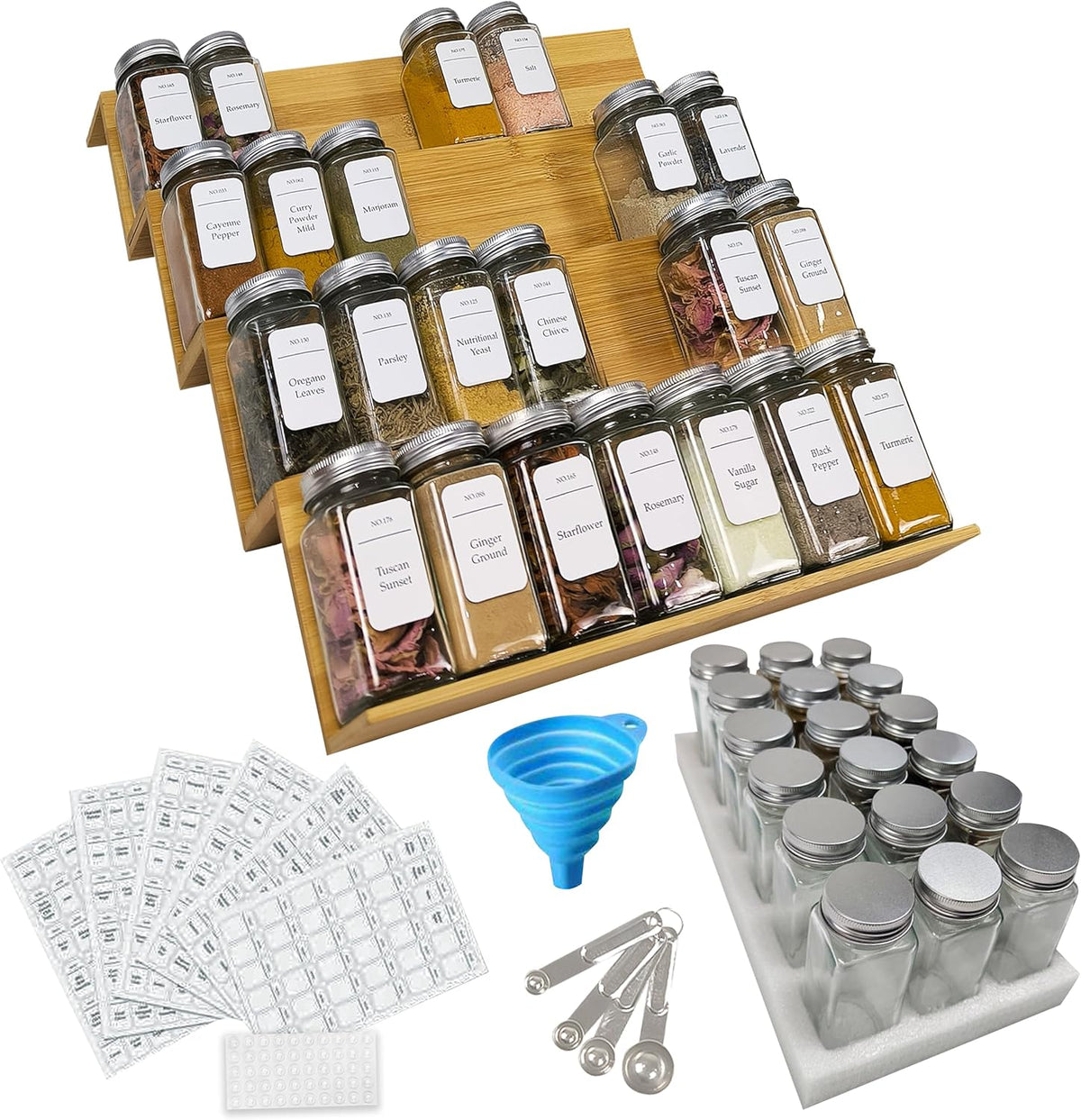 Spice Drawer Organizer with Jars and Labels, Bamboo Spice Rack For Drawer, Spice Organization For Cabinet Drawer, Spice Organizer For Drawer, Bamboo Drawer Organizer, Spice Organization For Drawer