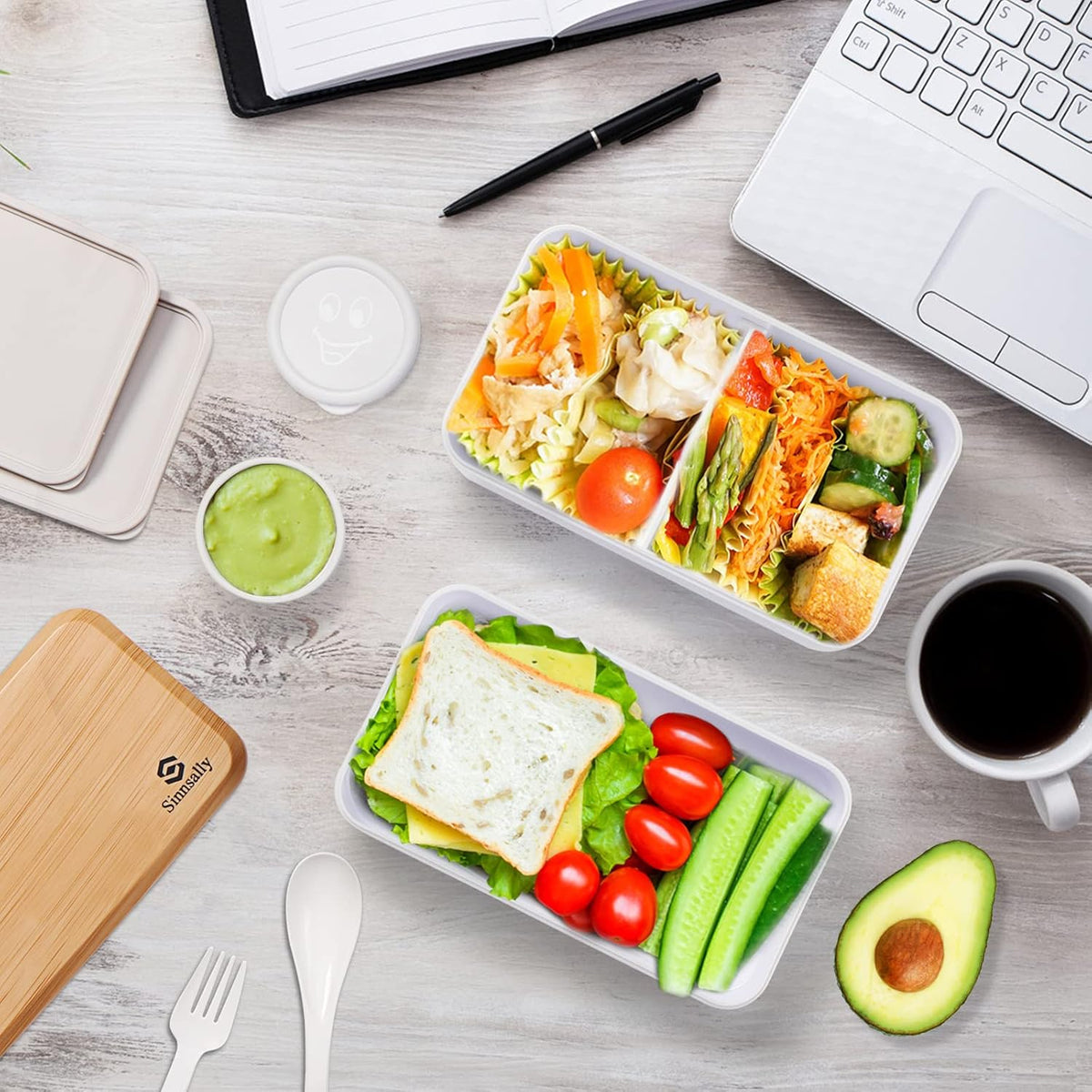 Sinnsally Lunch Box for Adult,1400ml Stackable Japanese Bento Lunch Box for Women,Lunch Containers with Food Compartments,Rectangle Bento Box with Cutlery Set,Leak-proof,Microwave Safe (White)