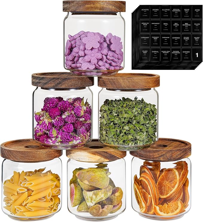 Small Glass Jars with Labels Spice Jar Round Storage Canister with Wooden Lid Clear Glass Food Jar for Pantry Sugar Tea Coffee Bean Spice Nuts Cookies Bath Salts (6 * 420ml(14oz))