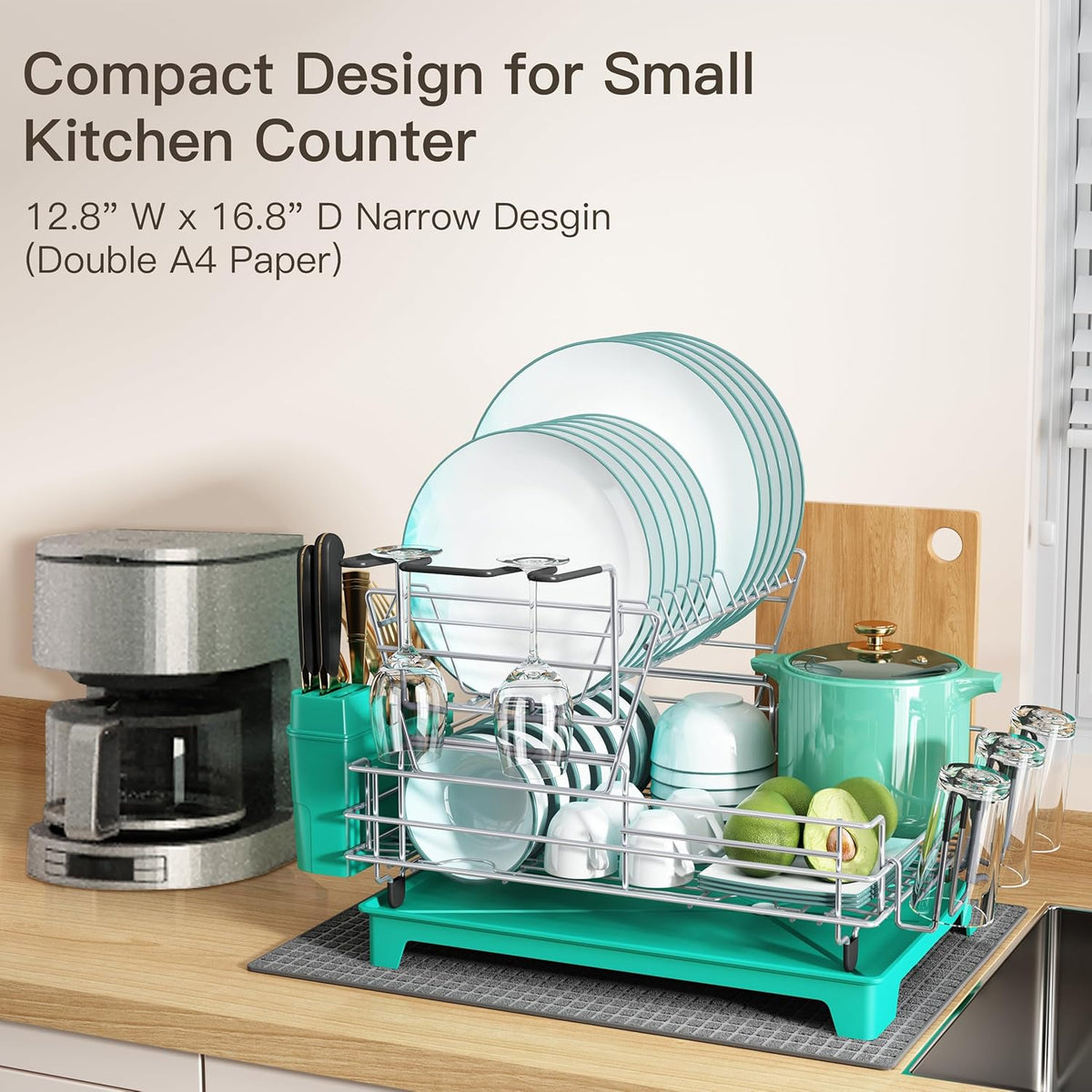 BOOSINY 2 Tier Turquoise Large Stainless Steel Dish Drainers Drying Rack for Kitchen Counter with Drainboard, Rust Proof Metal, Space Saving, Modern Aesthetic, Compact Plates Strainers with Extra Mat