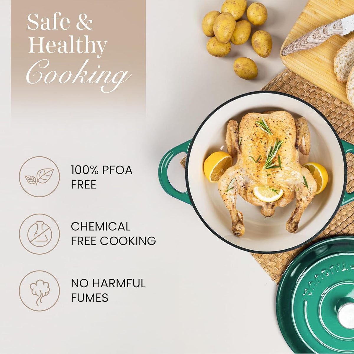 Nuovva Enamelled Cast Iron Dutch Oven Pot with Lid – 6.4 Quart Non Stick Casserole Pot – Heavy Duty & Oven Safe up to 500° F for Bread Baking, Braising, Stews, Roasting – 28cm Dark Green