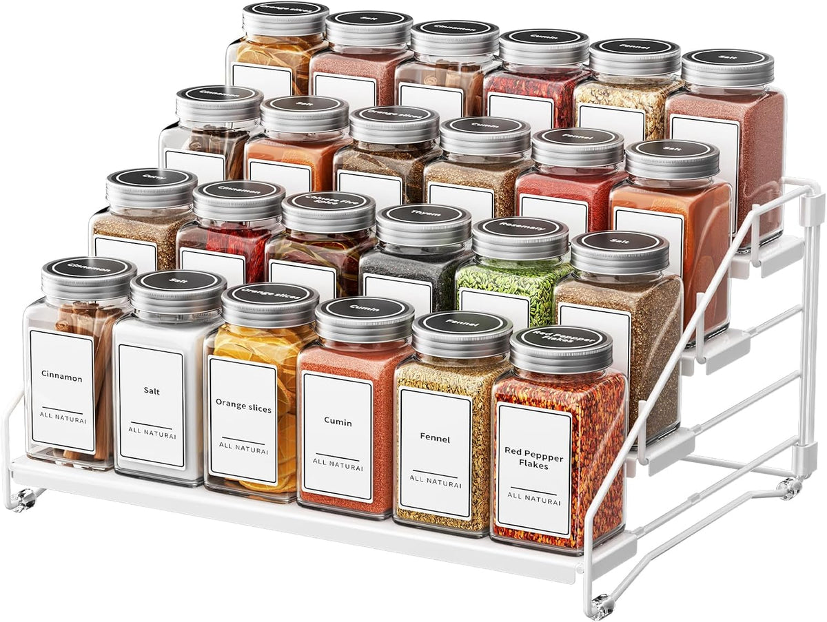 Tiered Spice Rack, 4 Tier Spice Shelf Organizer for Cabinet, Spice Rack Organizer, Depth Adjustable Seasoning Rack Organizer for Cabinet, Countertop, Pantry, Metal, White (1 Pack)