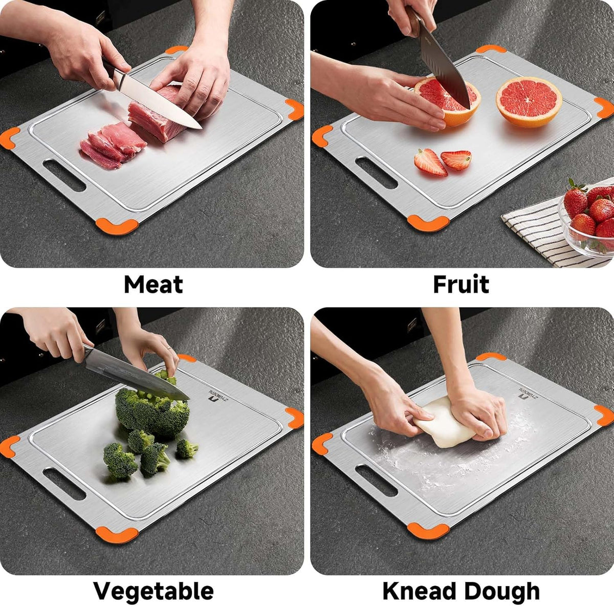 100% Pure Titanium Cutting Board with Grooves, Update Double Side Titanium Chopping Board, Silicone Anti-slip Stainless Cutting Boards for Kitchen 8 * 12 IN, Orange