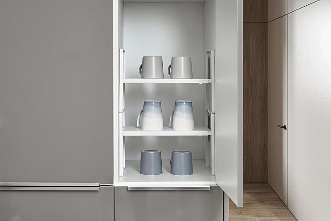 Nxconsu Cabinet Shelf Expandable Height Adjustable Shelf Organizer Riser for Kitchen Cabinet Pantry Cupboard Under Sink Countertop Organization Storage Space Saver Stackable Heavy Duty Metal White XL