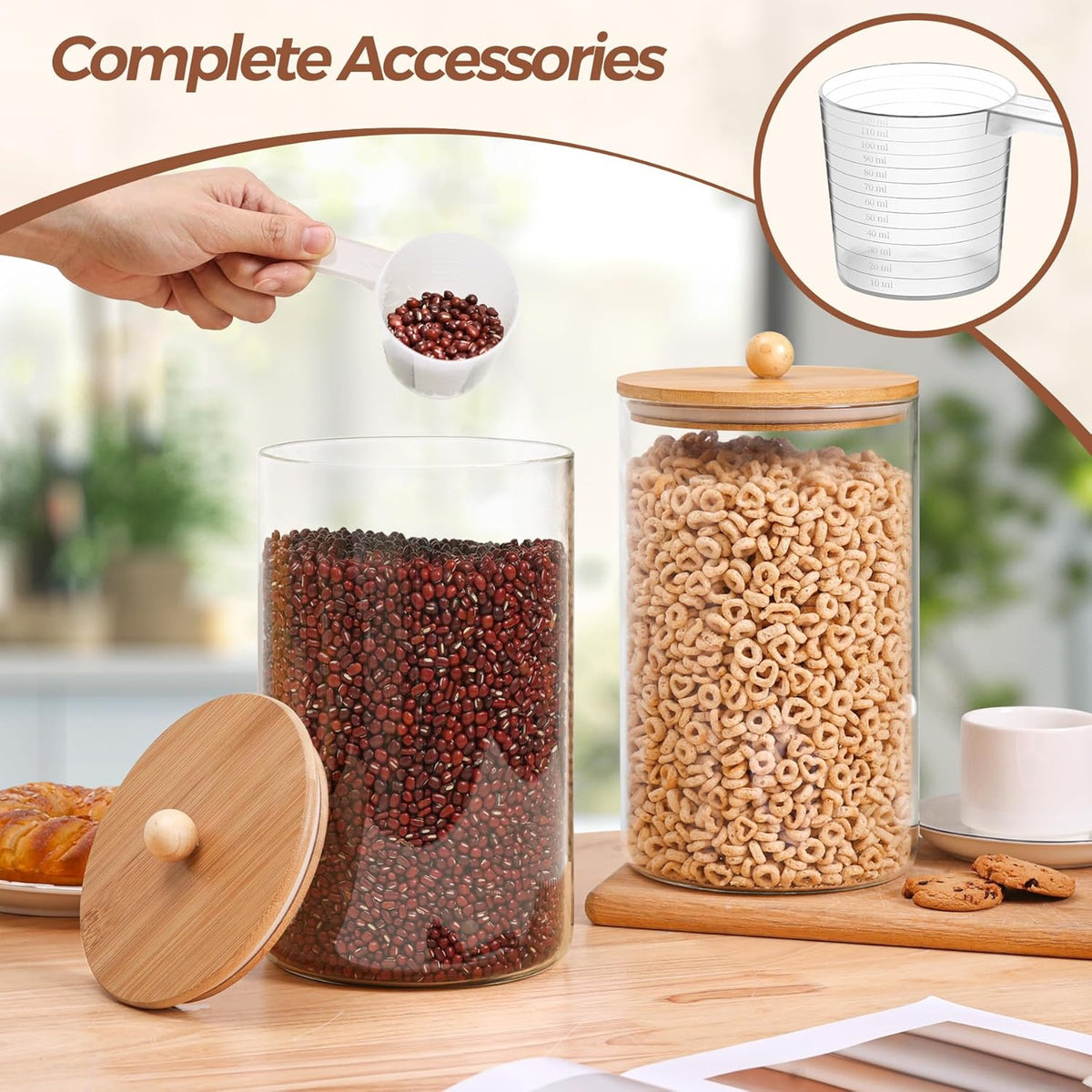 ComSaf 1 Gallon 2PCS flour sugar storage containers, Large Cookie Jar with lid, Glass Canisters with Lids, 128 OZ Food Storage Pantry Container with Spoon and Clip for Pasta, Oat, Baking Supplies