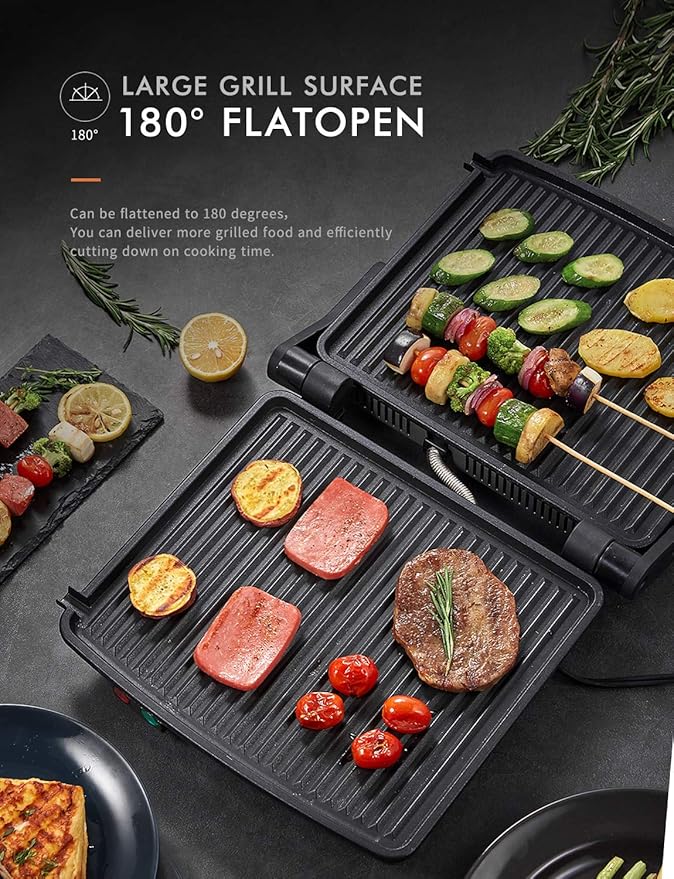 Panini Press Grill, Yabano Gourmet Sandwich Maker Non-Stick Coated Plates 11" x 9.8", Opens 180 Degrees to Fit Any Type or Size of Food, Stainless Steel Surface and Removable Drip Tray, 4 Slice