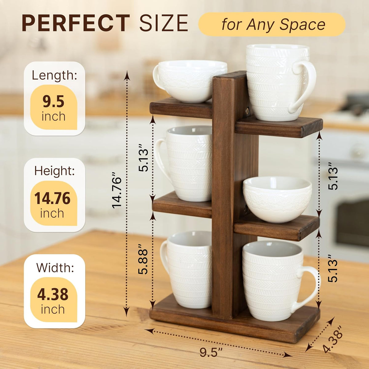 Coffee Cup Holder for Kitchen Counter - Premium Coffee Mug Organizer Holds 6 Mugs - Handmade Wooden Cup Holder with Non-Slip Feet, Stained Espresso Finish, Screwdriver & 6 Screws
