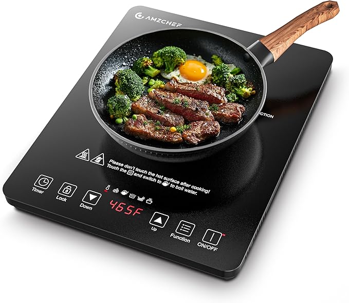 AMZCHEF Portable Induction Cooktop 20 Temperature & Power Levels, 1800W Induction Stove Burner with 6.8" Heating Coil, Low Noise Hot Plate Single Electric Cooktops Countertop Stove with Timer