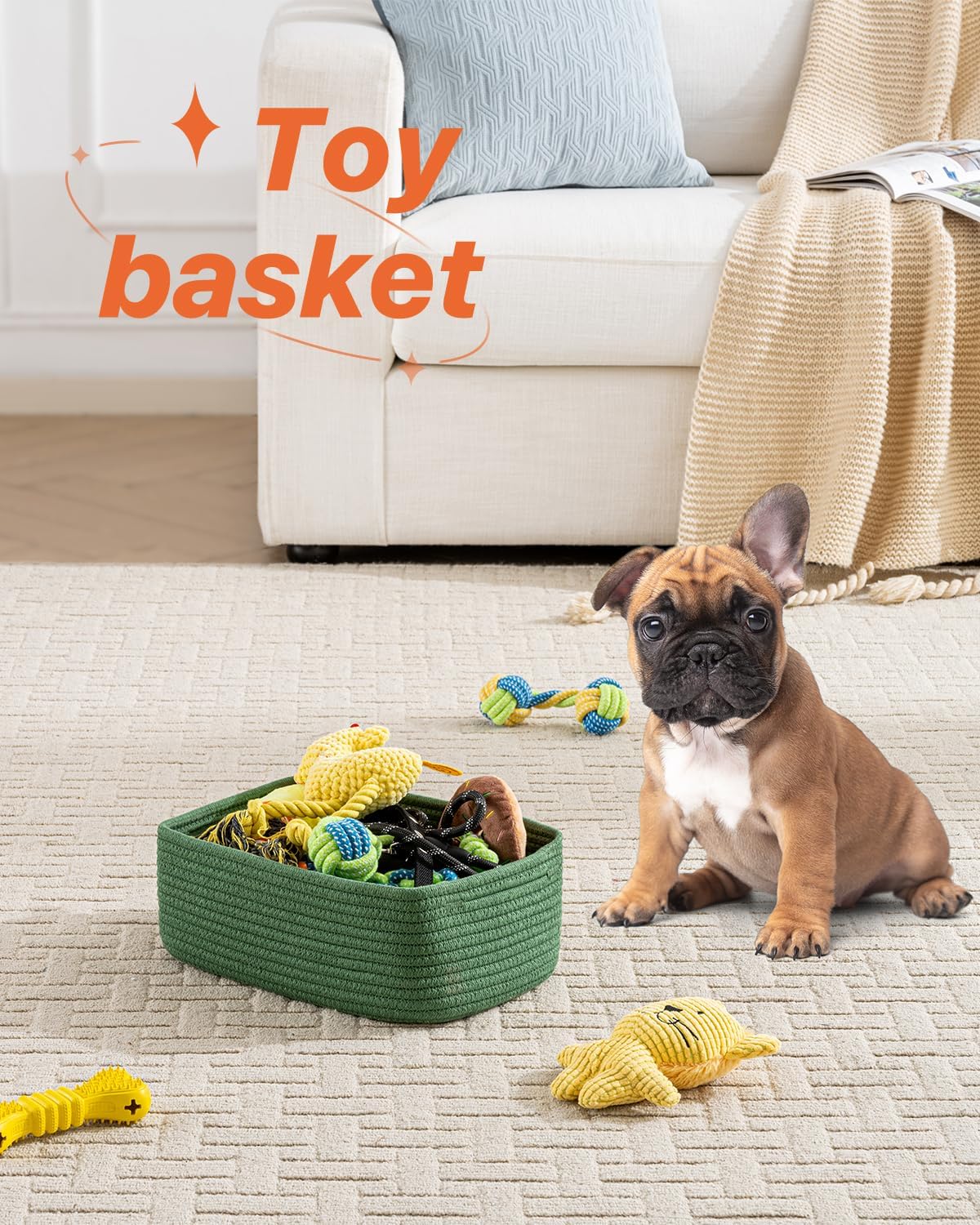 Small Woven Basket, 12 x 8 x 4.5 Inches, Storage Basket for Organizing, Cute Small Rope Shelf Closet Cube Storage Bins Baskets for Shelves, Dog Toy Gift Baskets Empty, 3 Packs, Green