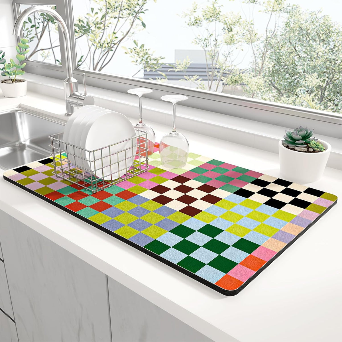 Rnivvi Dish Drying Mat for Kitchen Counter, XL 15 x 24" Cute Checkered Absorbent Draining Pad, Non-Slip Heat Resistant Coffee Bar Mats for Coffee Machine Station Accessories, Colorful Dish Rack Pad