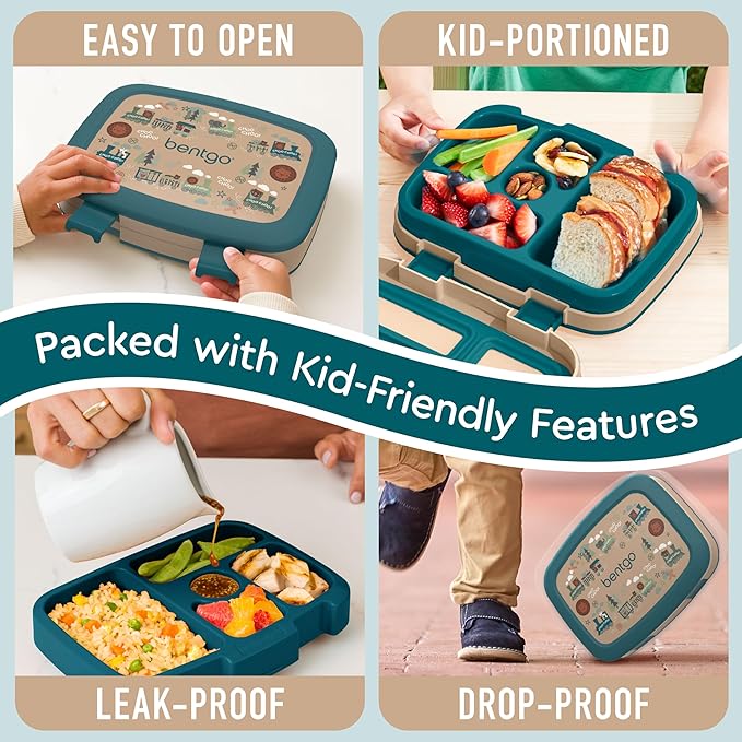 Bentgo Kids Prints Leak-Proof, 5-Compartment Bento-Style Kids Lunch Box - Ideal Portion Sizes for Ages 3-7, Durable, Drop-Proof, Dishwasher Safe, & PFAS & BPA-Free Materials (Trains)
